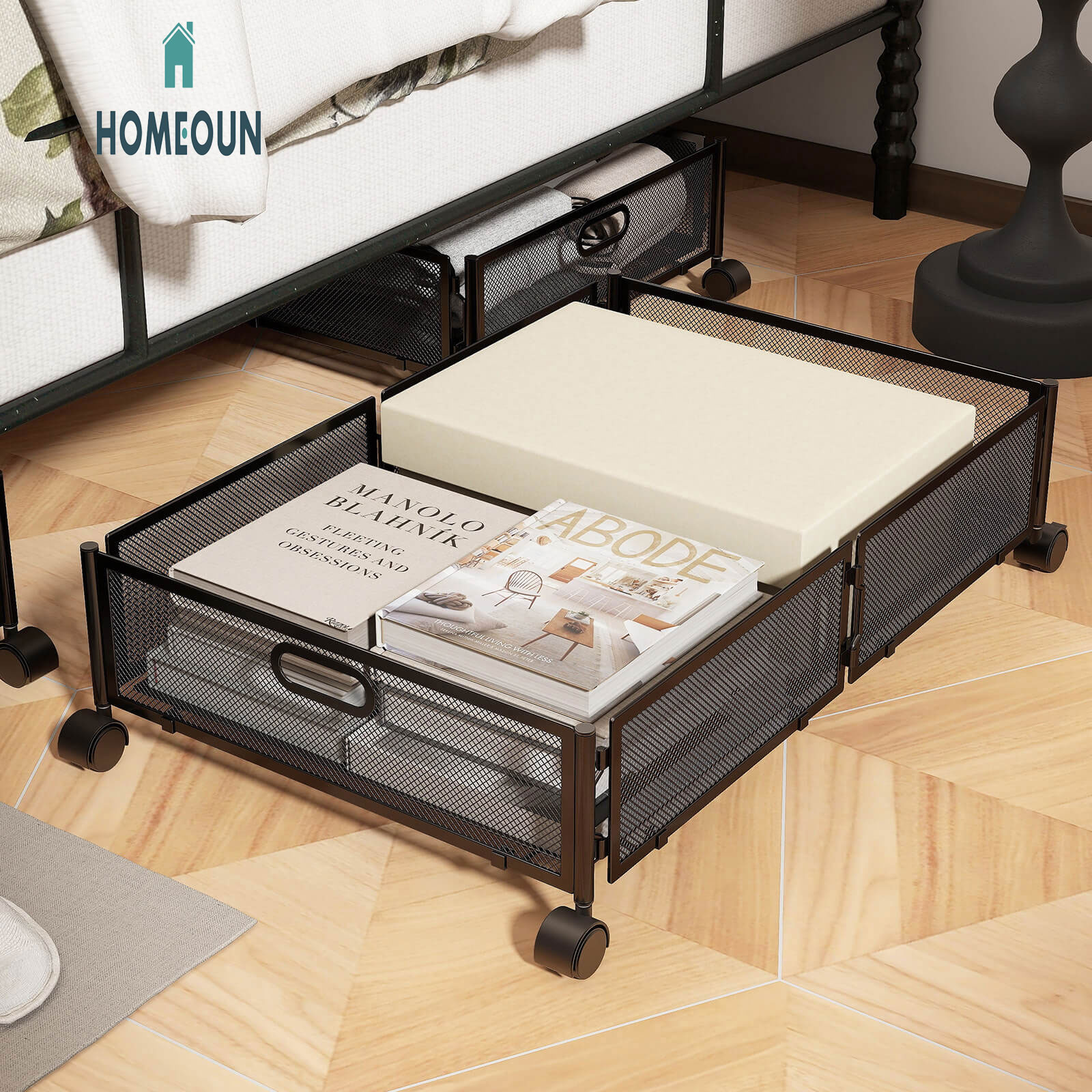 HOMEOUN クロスボーダーアマゾンベッド下物置棚寝室ベッド底物置棚引張プーリ衣類整理棚収納ボックス