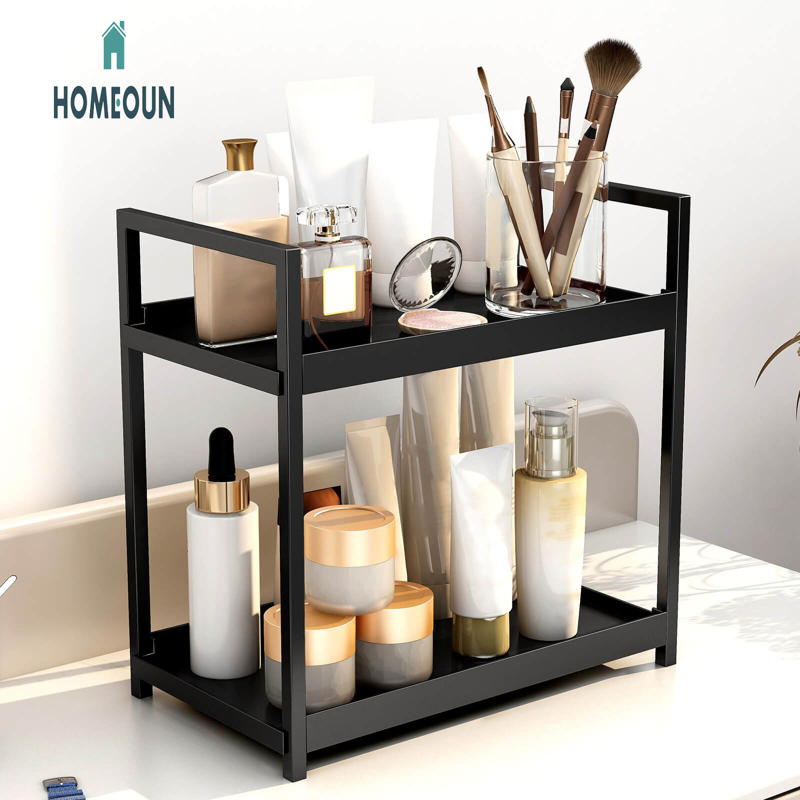 HOMEOUN 二重テー ブル収納棚キッチンプラスチック整理棚浴室テーブル香水化粧品収納棚化粧台化粧台ラック