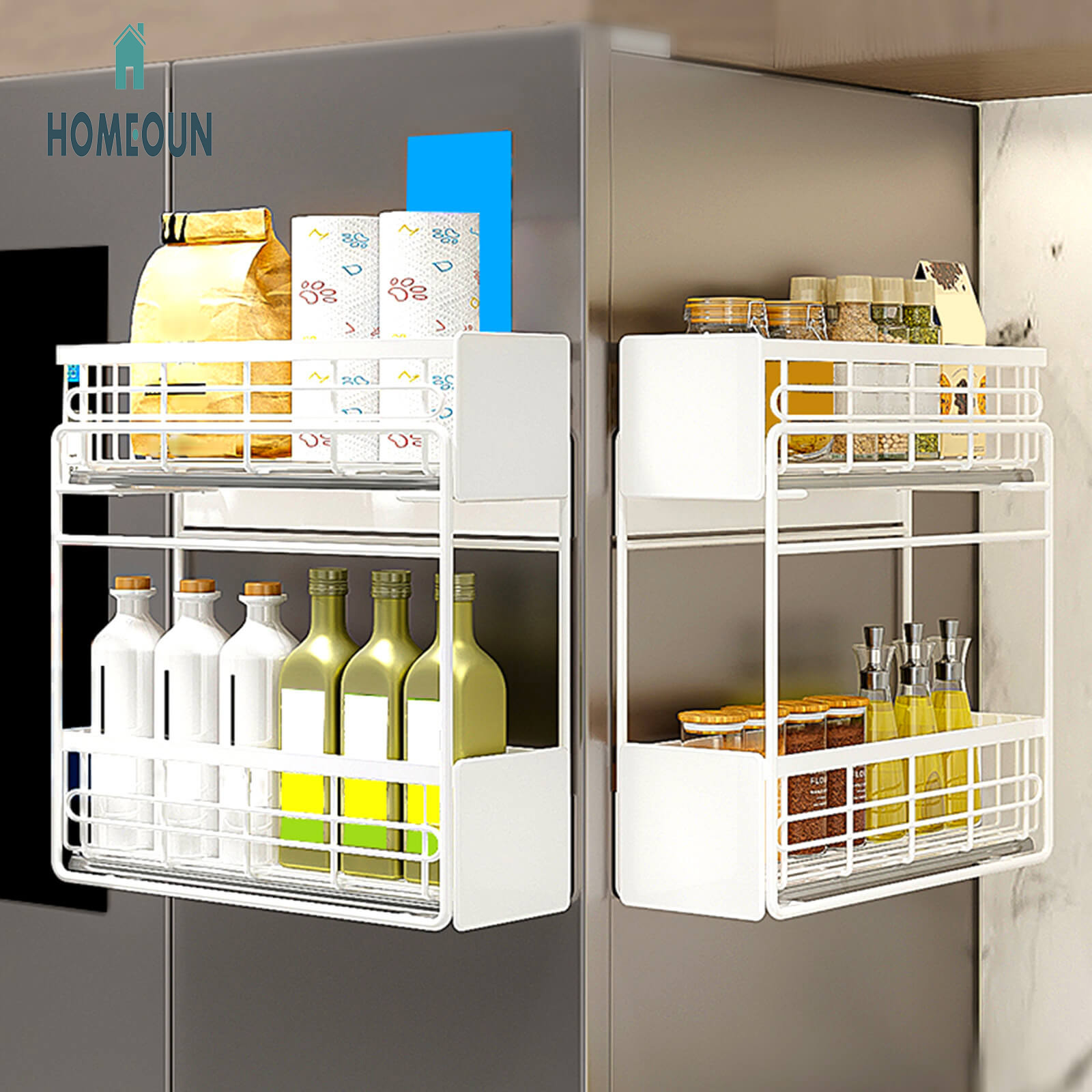 HOMEOUN 鉄芸磁気吸入冷蔵庫棚多機能洗濯機収納棚冷蔵庫側掛け棚取付不要引張置物棚
