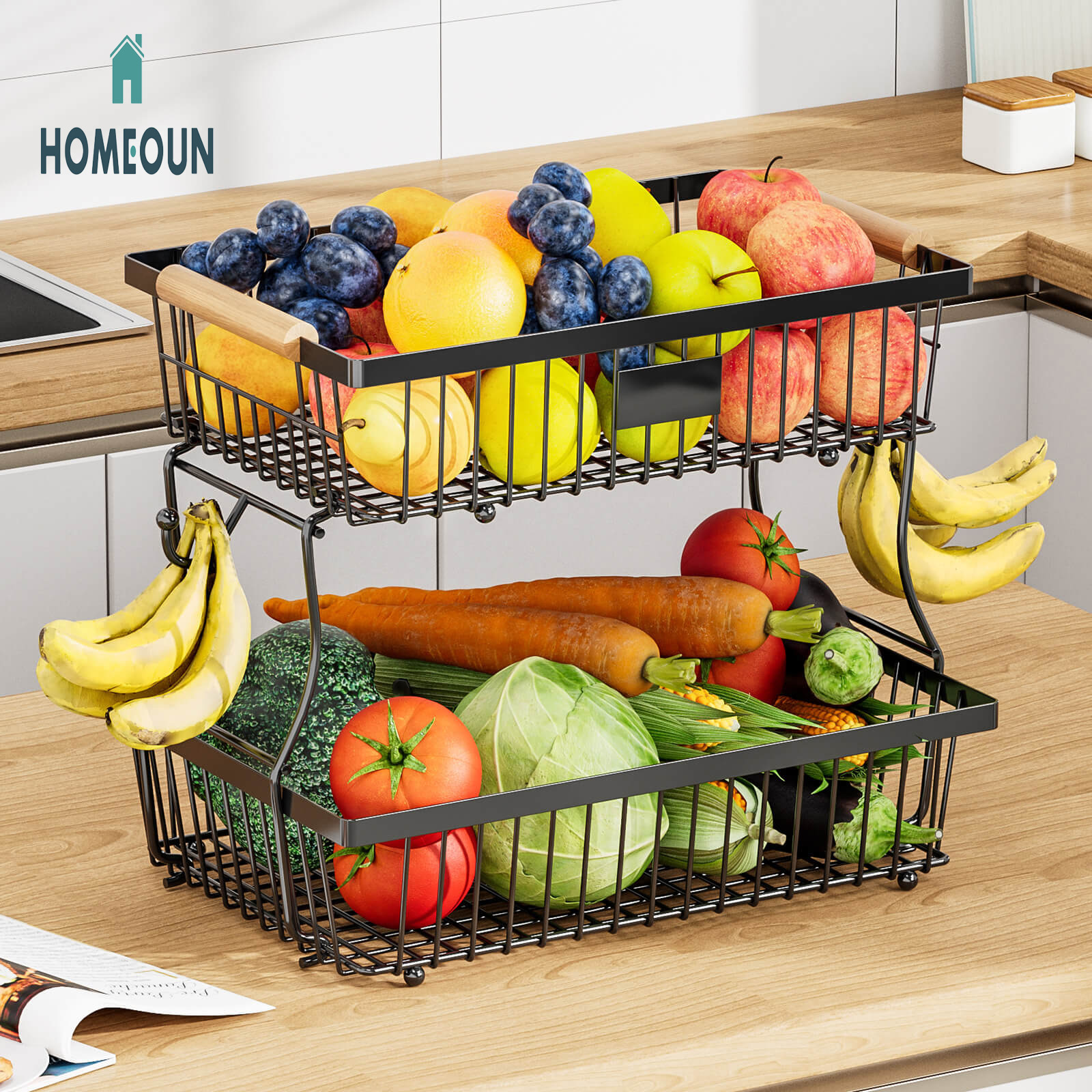 HOMEOUN クロスボーダーキッチンフルーツ棚リビング2段取外し可能収納棚トレイ木柄ハンドル野菜水果物バスケット