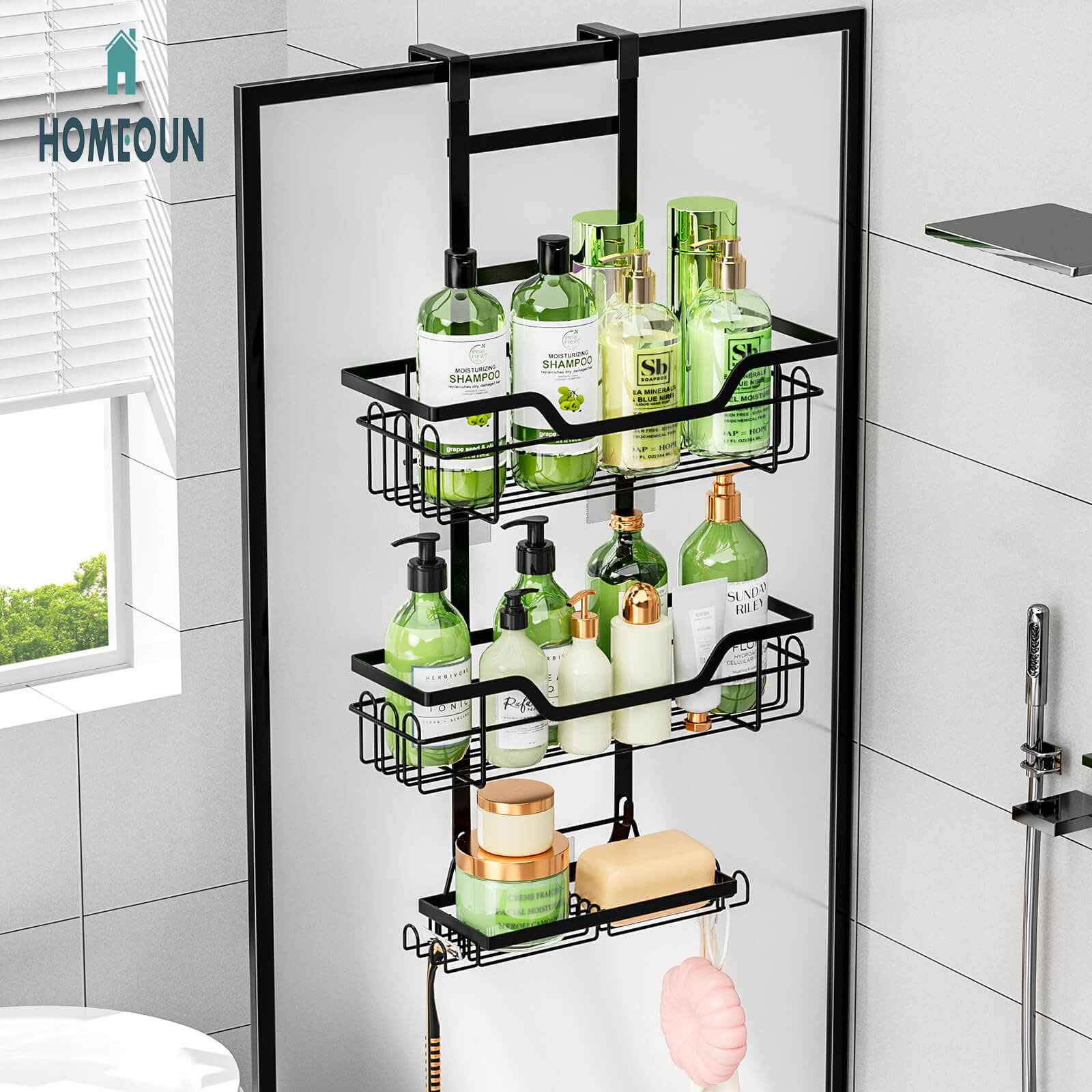 HOMEOUN 無孔浴室物置扉後架台壁掛階層型バスケット物置棚トイレシャワー室収納棚