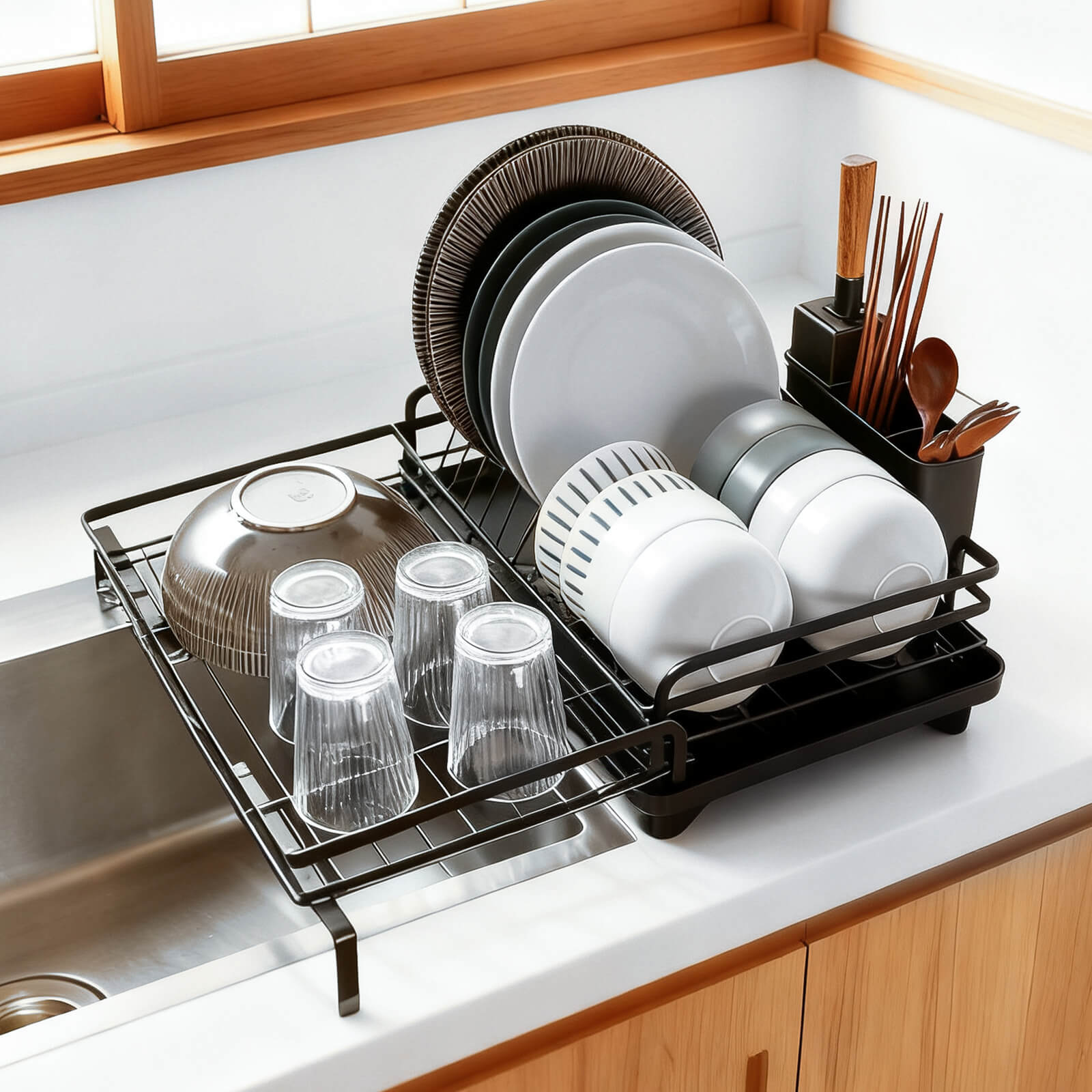 HOMEOUN 伸縮式 水切りラック シンク 大容量（ブラック）