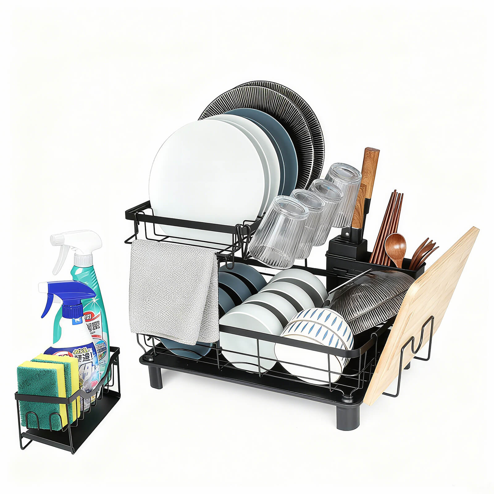 HOMEOUNシンク周り 水切りラック2段式 縦型大容量 布巾掛け スポンジホルダー付き（43*33*33cmブラック）
