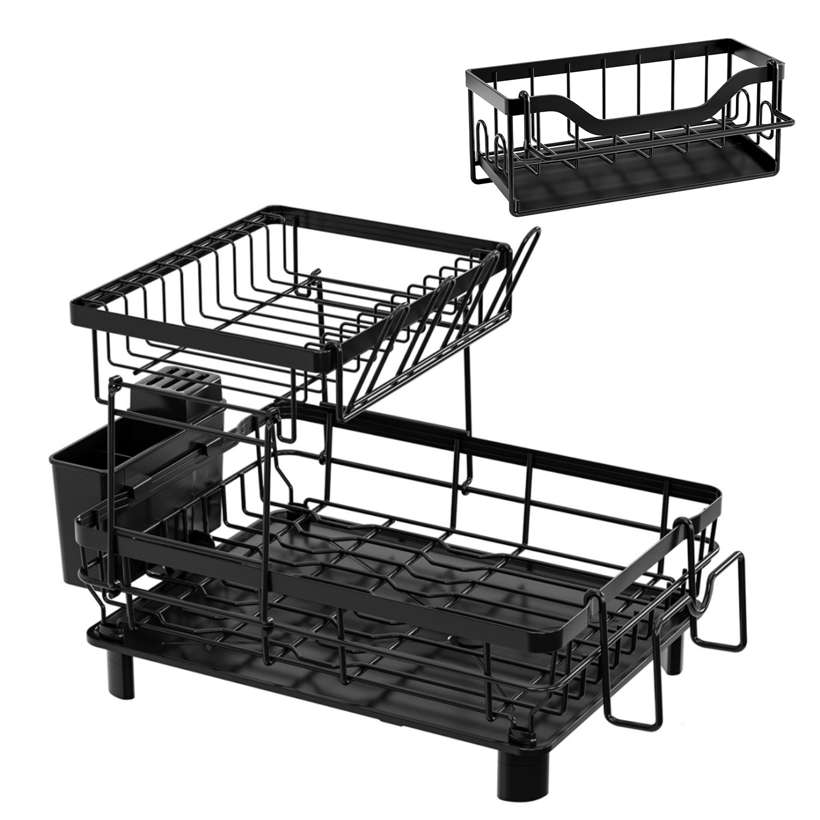 HOMEOUNシンク周り 水切りラック2段式 縦型大容量 布巾掛け スポンジホルダー付き（43*33*33cmブラック）