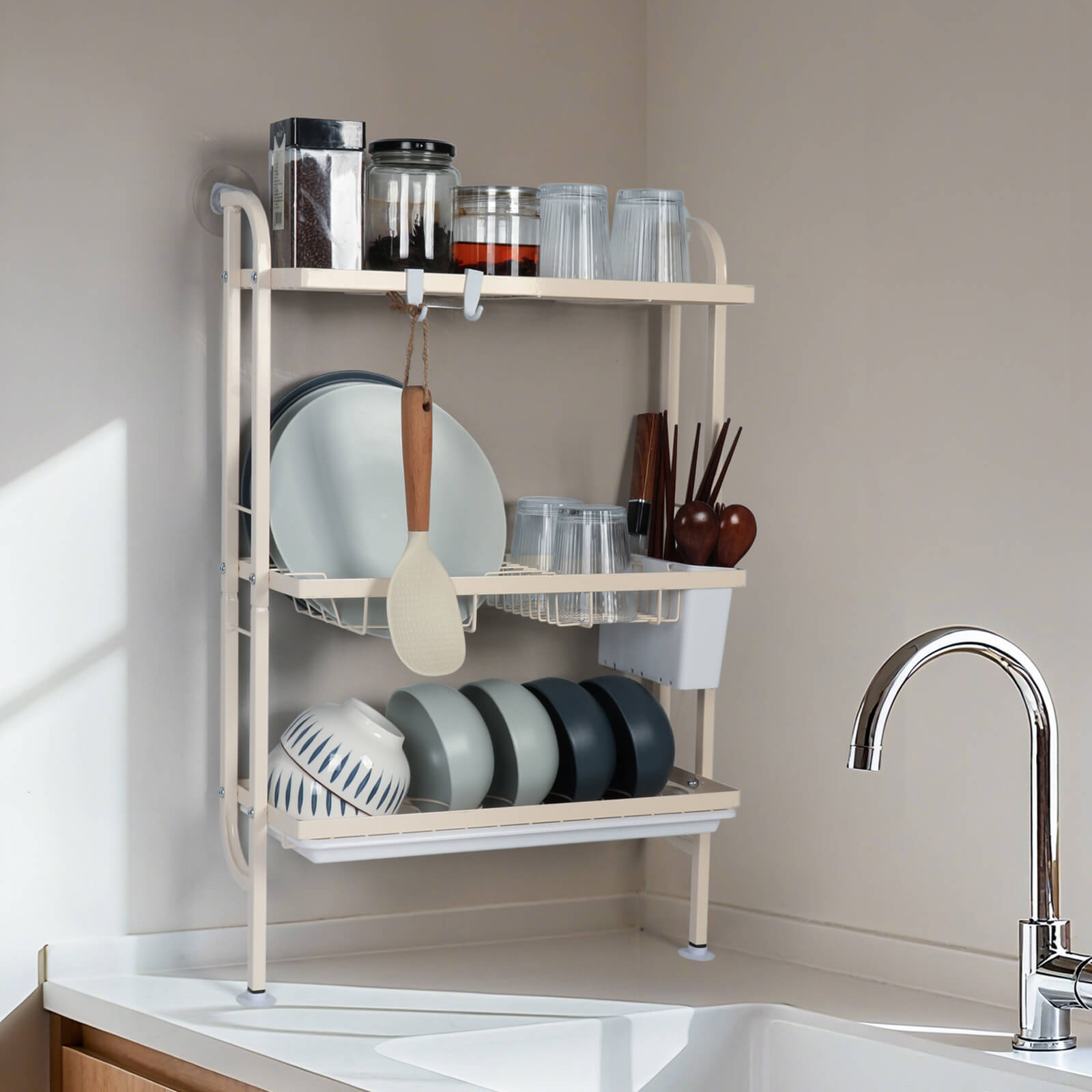 HOMEOUN 水切りラック 3段式 壁掛け スリム（クリーム色）