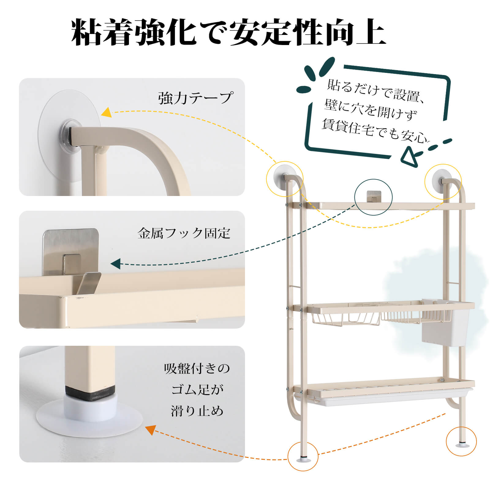 HOMEOUN 水切りラック 3段式 壁掛け スリム(クリーム色) - 画像 (5)