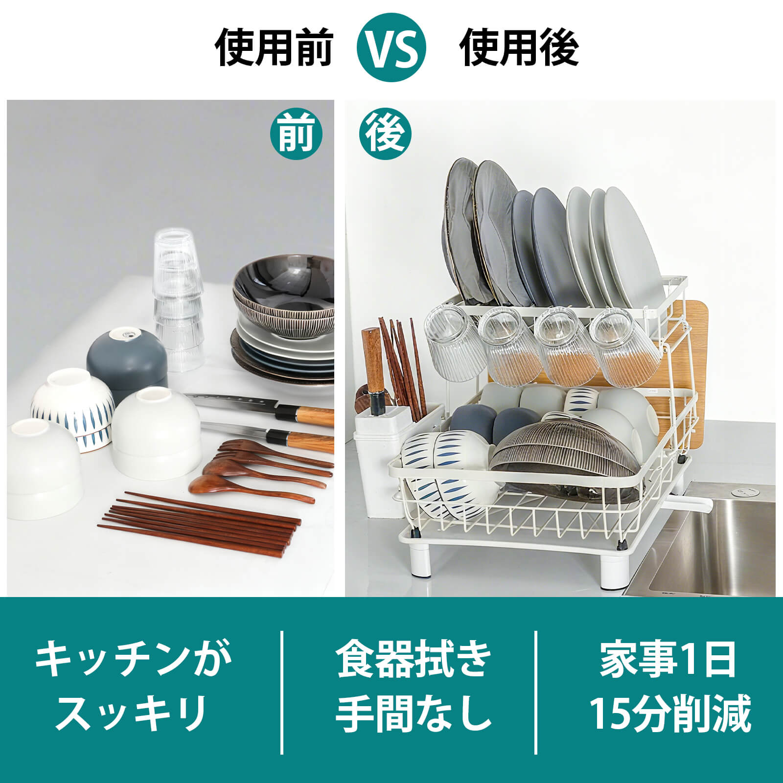 HOMEOUNシンク周り 水切りラック2段式 縦型大容量(43*33*33cmホワイト) - 画像 (3)