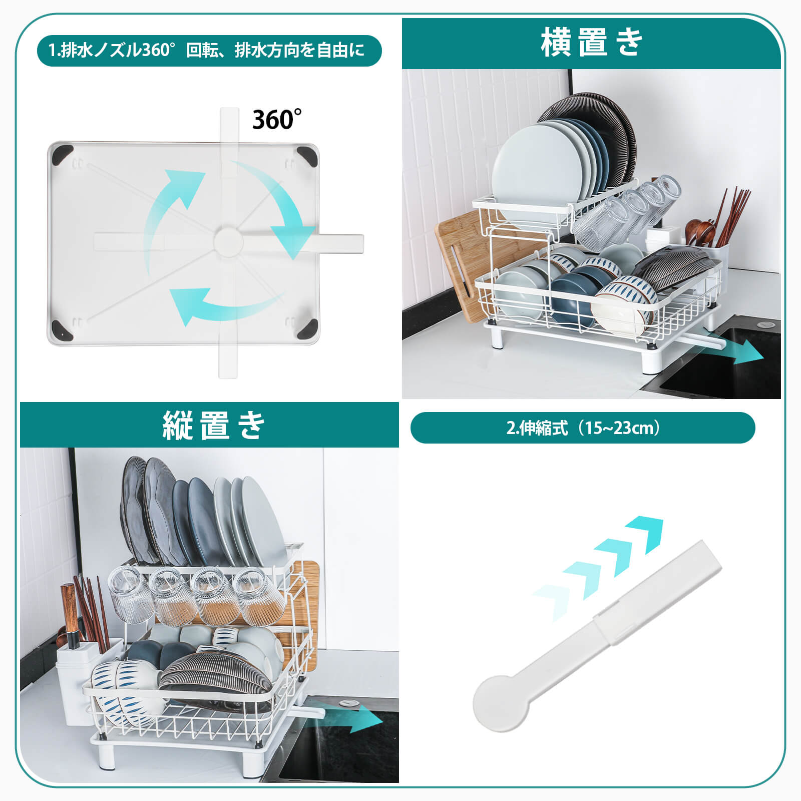 HOMEOUNシンク周り 水切りラック2段式 縦型大容量(43*33*33cmホワイト) - 画像 (4)