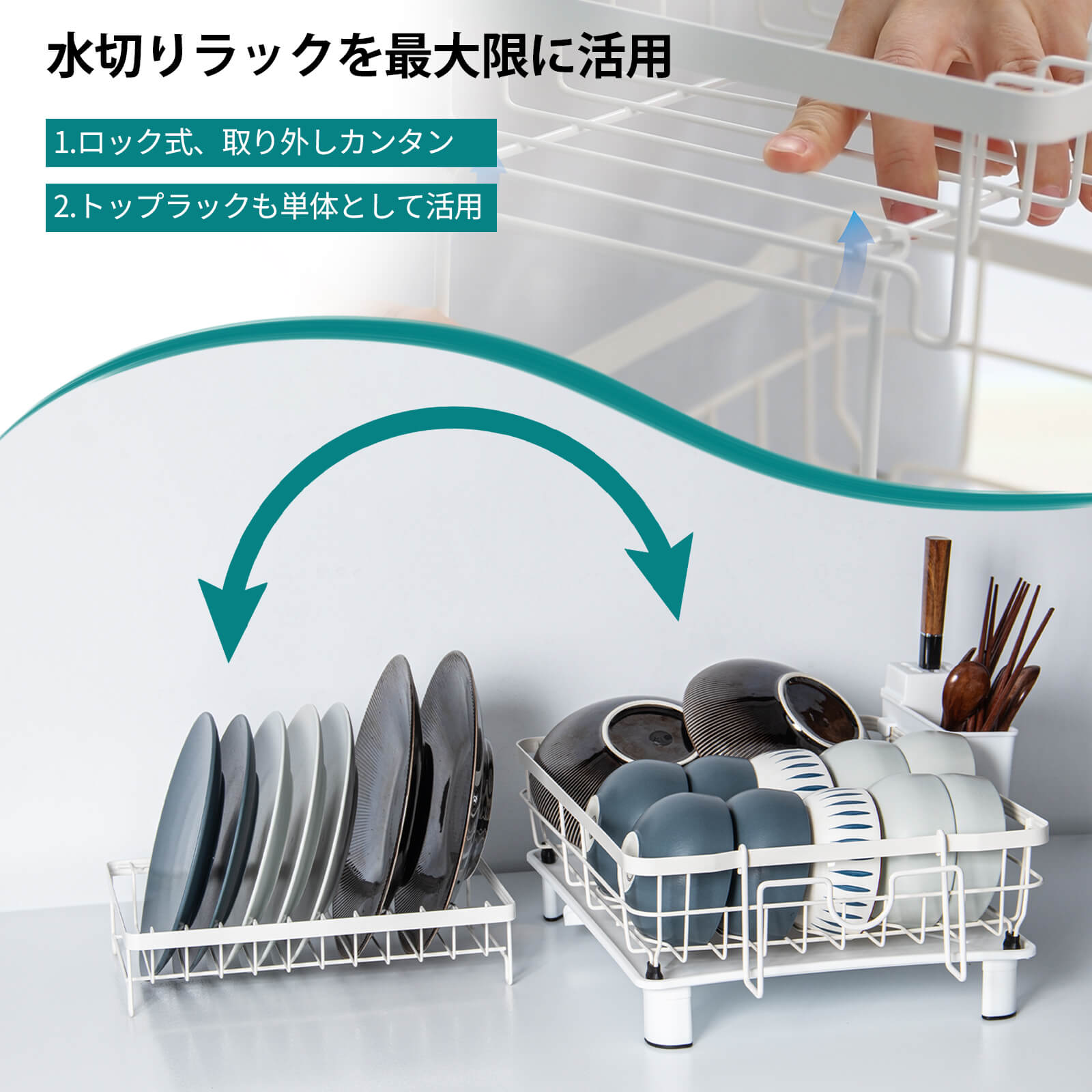 HOMEOUNシンク周り 水切りラック2段式 縦型大容量(43*33*33cmホワイト) - 画像 (5)