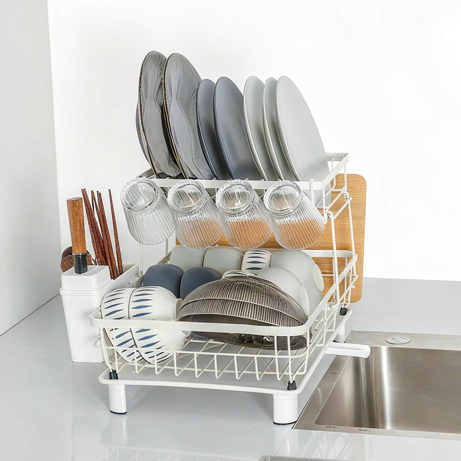 HOMEOUNシンク周り 水切りラック2段式 縦型大容量(43*33*33cmホワイト) - 画像 (7)