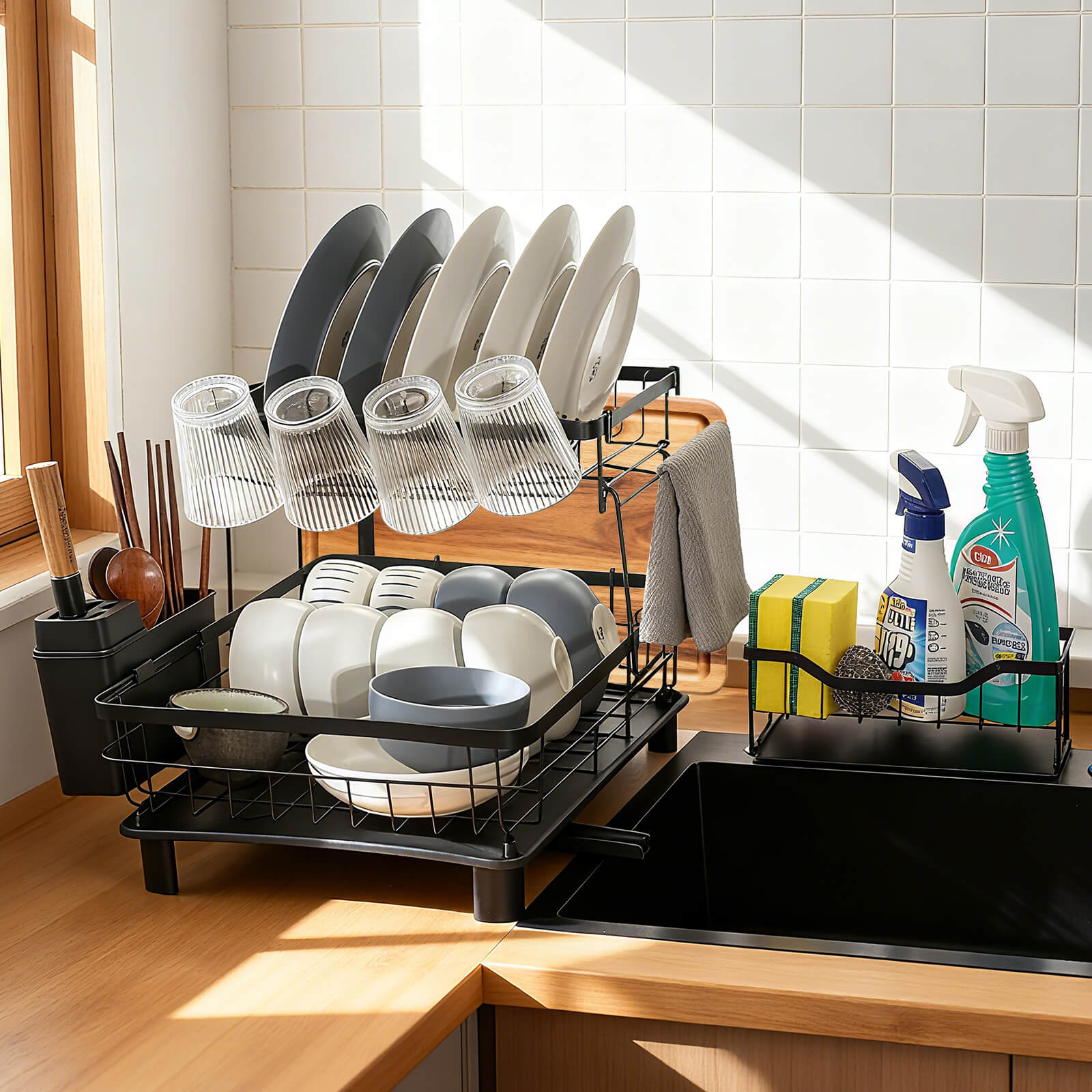 HOMEOUNシンク周り 水切りラック2段式 縦型大容量 布巾掛け スポンジホルダー付き(43*33*33cmブラック) - 画像 (8)