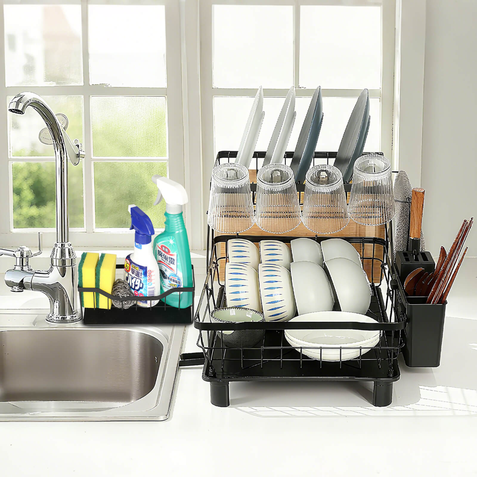 HOMEOUNシンク周り 水切りラック2段式 縦型大容量 布巾掛け スポンジホルダー付き(43*33*33cmブラック) - 画像 (9)