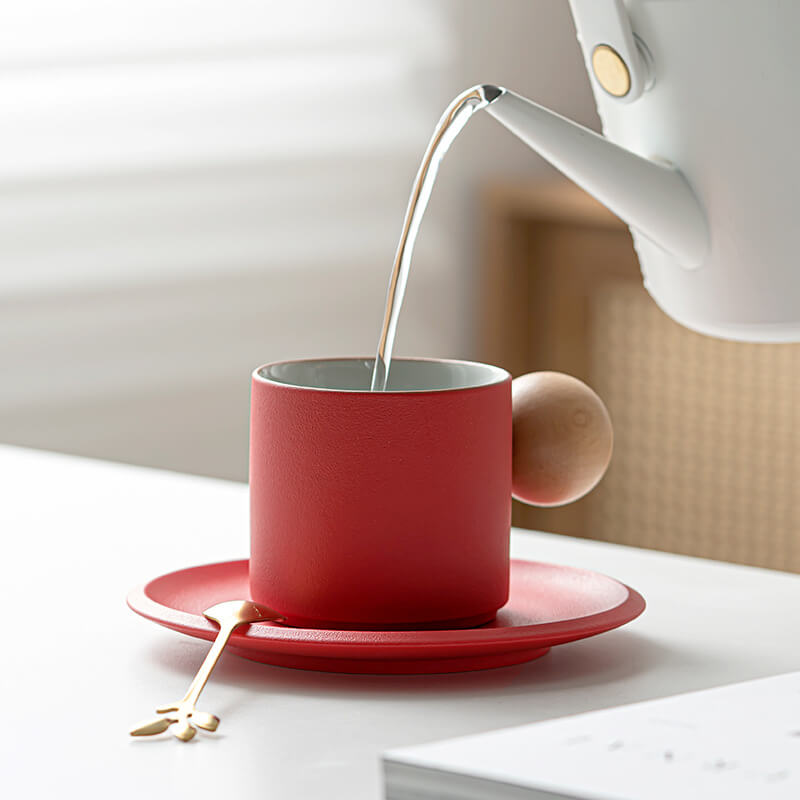 HOMEOUN 黒陶器シンプルセラミックコーヒーカップ&ソーサーセットニッチ木製ボールラテフラワーカップコーヒーショップクリエイティブカップ - 画像 (4)