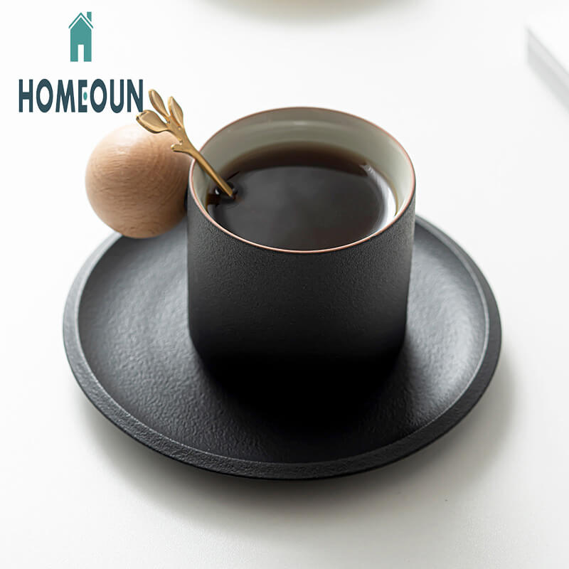 HOMEOUN 黒陶器シンプルセラミックコーヒーカップ＆ソーサーセットニッチ木製ボールラテフラワーカップコーヒーショップクリエイティブカップ