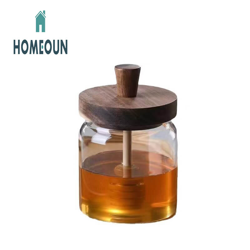 HOMEOUN ハニージャー 透明ガラス ハニー密封ジャー 木製蓋 キッチン収納